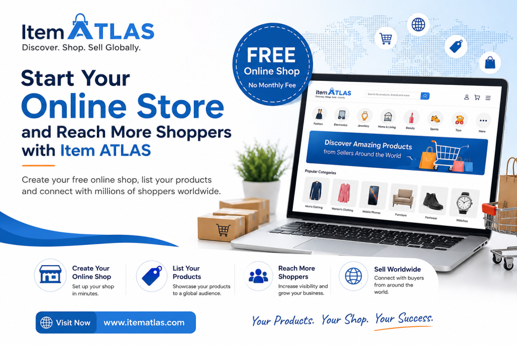 Item ATLAS promotional banner showing a free online store platform, global shopping marketplace, product categories, and a laptop displaying the Item ATLAS website.